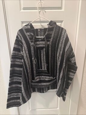 Black & Gray Striped Hooded Poncho Sweater